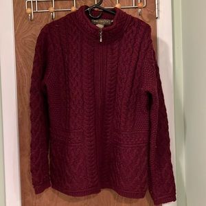 Inis Crafts 100% merino wool full zip burgundy Sweater made in Ireland